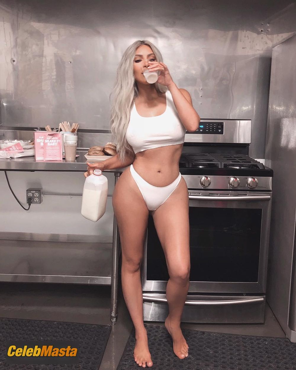 Kim Kardashian West Sexy in White Underwear With Milk Photo Gallery photo 1