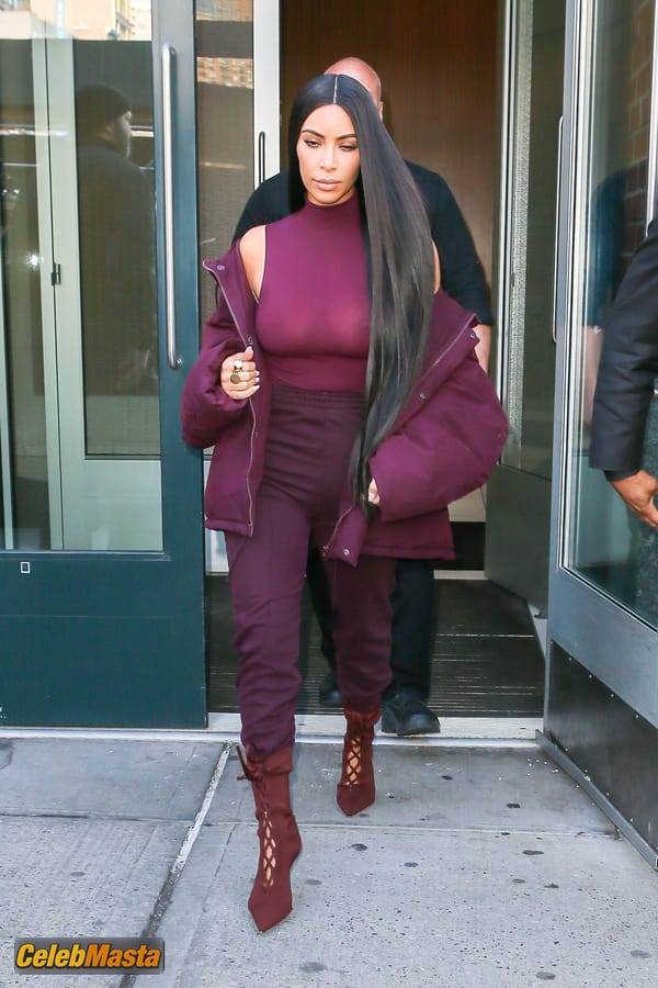 Kim Kardashian flashes Big Boobs in Sheer Purple Top in New York City photo 16