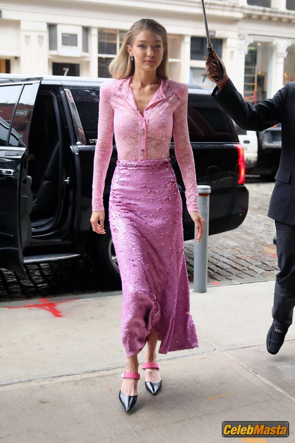 Gigi Hadid Pink Lace Blouse And Skirt in New York City photo 2