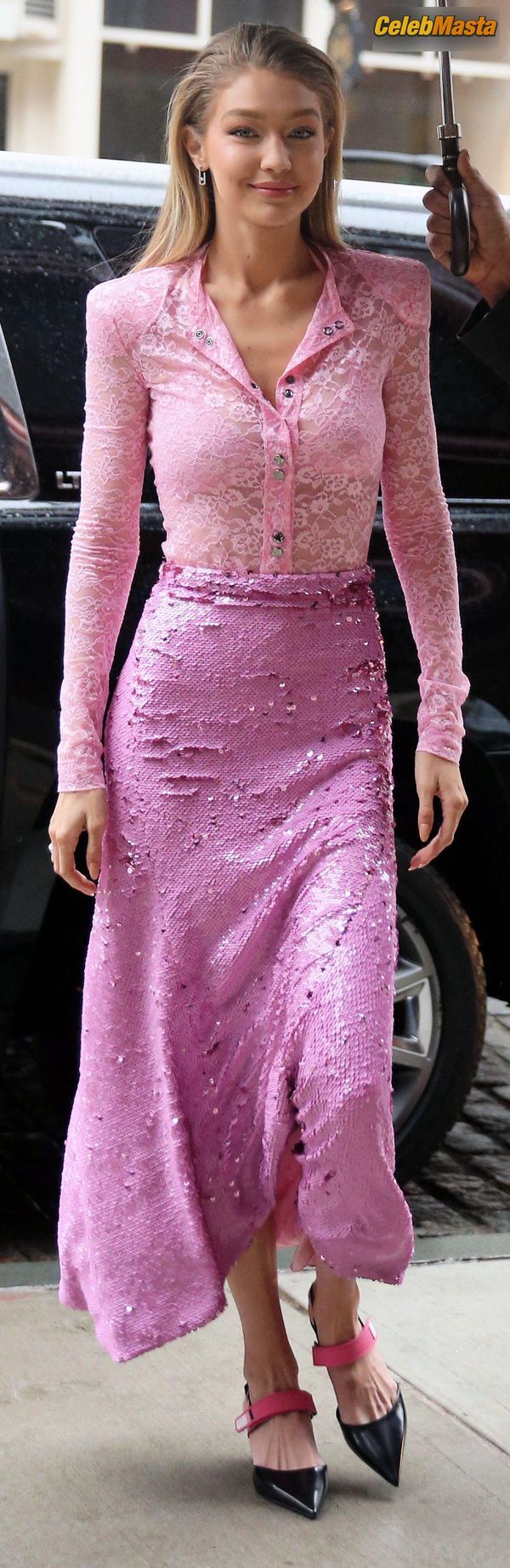 Gigi Hadid Pink Lace Blouse And Skirt in New York City photo 14