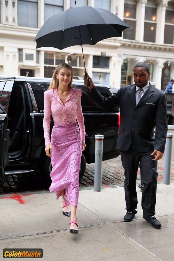 Gigi Hadid Pink Lace Blouse And Skirt in New York City photo 26