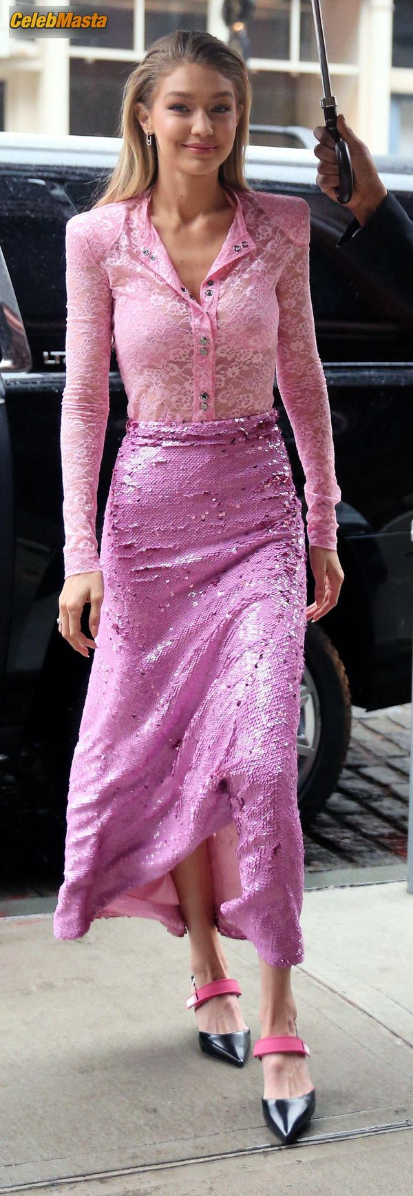 Gigi Hadid Pink Lace Blouse And Skirt in New York City photo 28