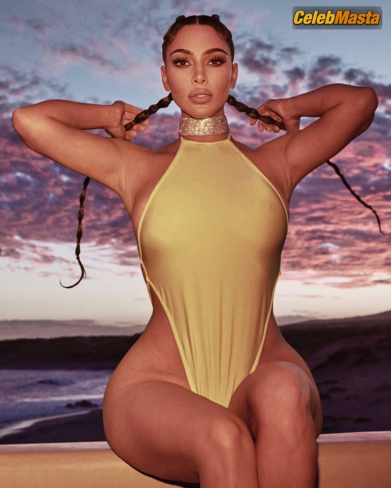 Kim Kardashian West shows off her boobs and wide hips posing in a revealing yellow swimsuit in a beautiful photoshoot by Greg Swales photo 3