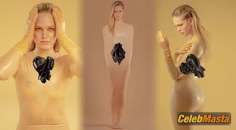 Erin Heatherton shows off her nipples posing in a latex outfit in a photoshoot for Maria Ponce’s exhibition photo 1