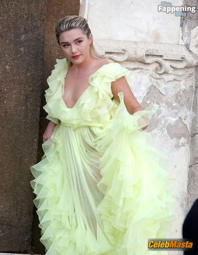 Florence Pugh Sexy Spotted Wearing a Hot Sheer Yellow Dress for Valentino Photoshoot in Rome photo 3