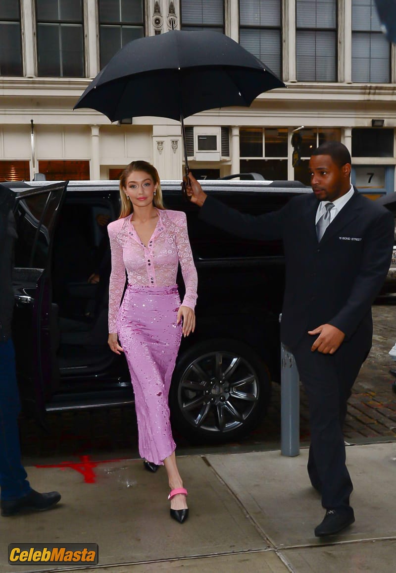 Gigi Hadid Pink Lace Blouse And Skirt in New York City Photo Gallery photo 4